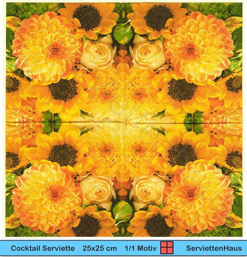 Gelbe Blumen Sonnenblumen Rosen Dahlien - 1 Cocktail Serviette